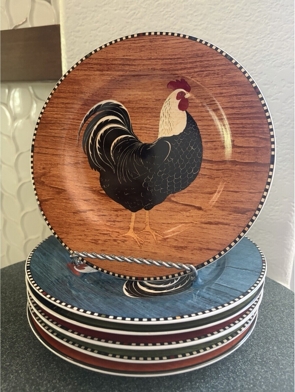 Rooster Salad Plates 1999 Warren Kimble Sakura Farmhouse Set of 6 EUC